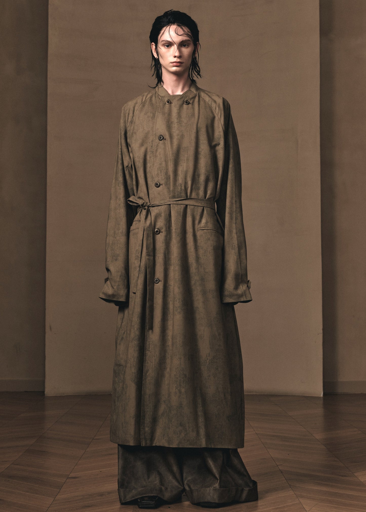 MOTTLED WOOL PRINT TRENCH COAT
