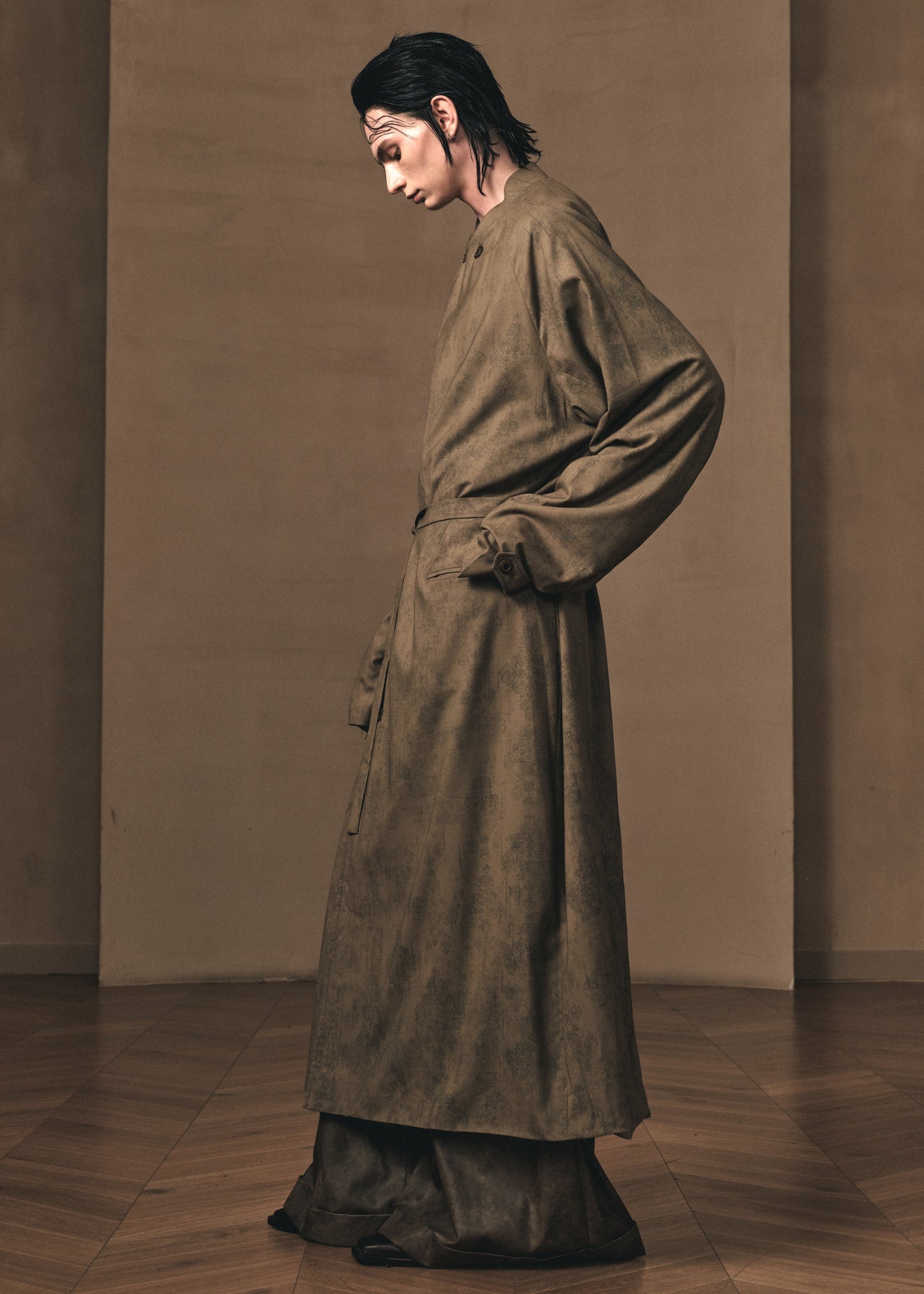 MOTTLED WOOL PRINT TRENCH COAT