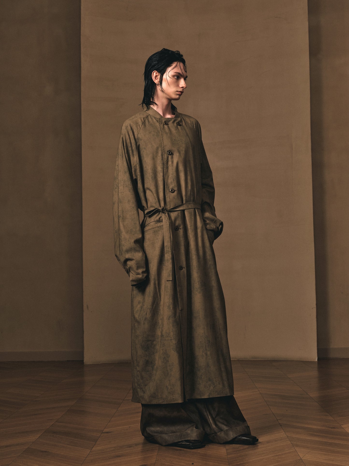 MOTTLED WOOL PRINT TRENCH COAT