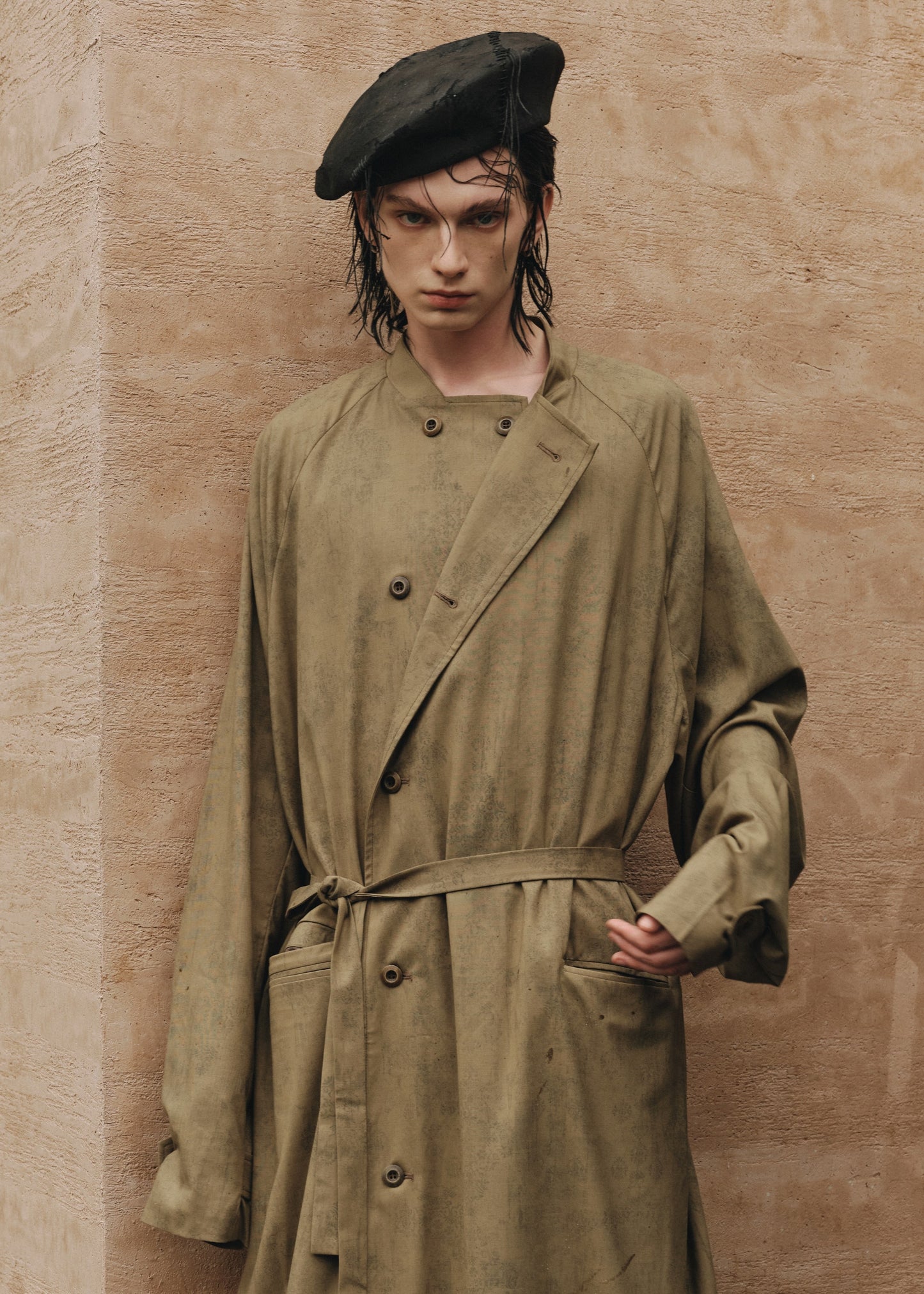 MOTTLED WOOL PRINT TRENCH COAT